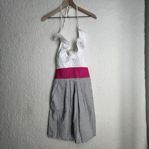 B Darlin Womens Dress Size 9/10 Gray Striped Ruffled Halter Pleated Sexy Mini